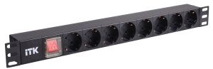 ITK PDU 8 розеток нем. стандарт, с LED выключателем,1U, без шнура, вх. C14, алюминиевый профиль PH12-8D3