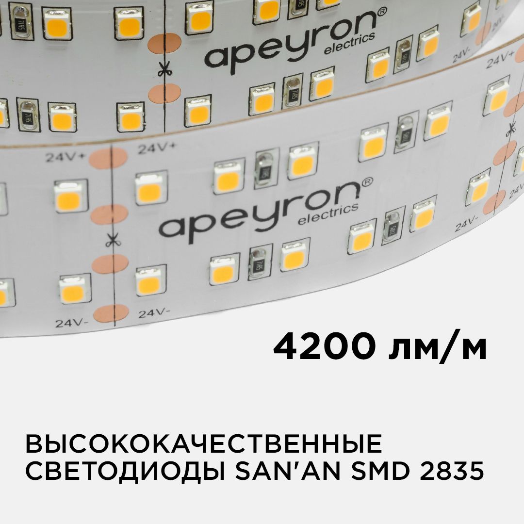 Лента светодиодная ПРО smd2835 42Вт/м 240д/м 24В 4000К IP20 5м Apeyron - Фото 3