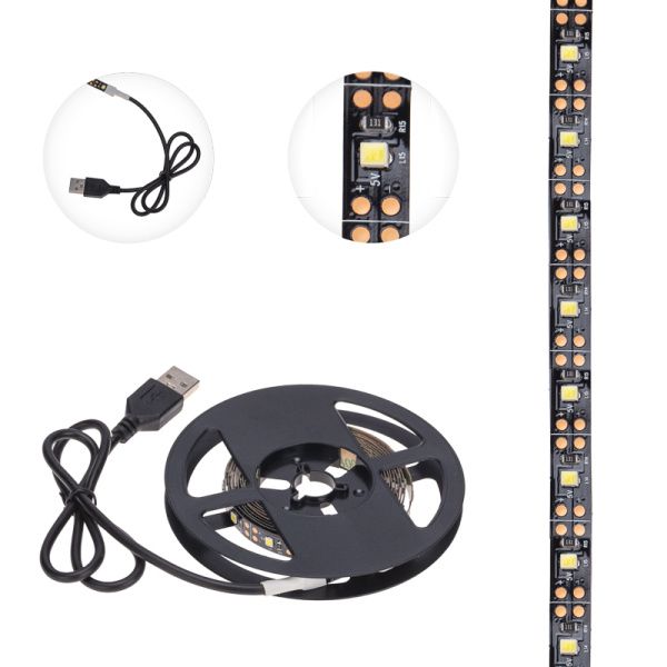 Лента светодиодная 5В, SMD2835, 4,8Вт/м, 60 LED/м, 6500K, 8мм, 2м, с USB коннектором, черная, IP20 LAMPER - Фото 2