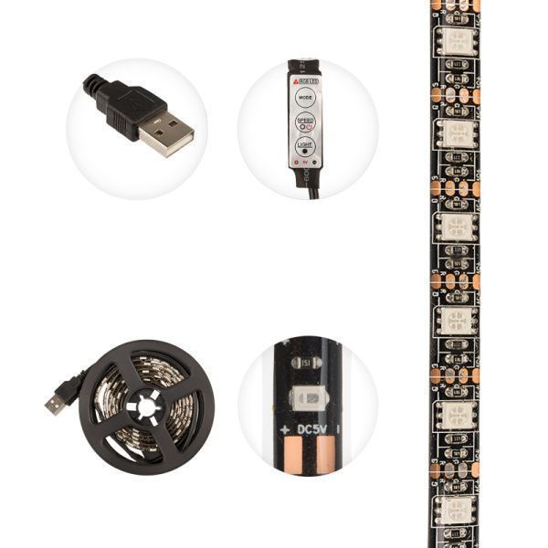 Лента светодиодная 5В, SMD5050, 4,8Вт/м, 60 LED/м, RGB, 10мм, 1м, с USB коннектором, черная, IP65 LAMPER - Фото 6