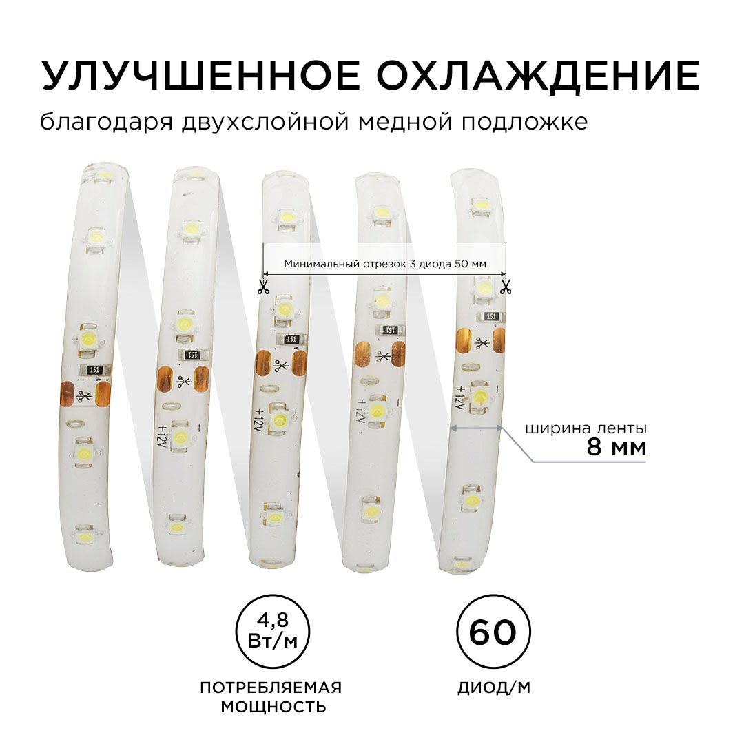 Лента светодиодная СТ smd3528 60д/м 12В 6500К IP65 5м Apeyron - Фото 5
