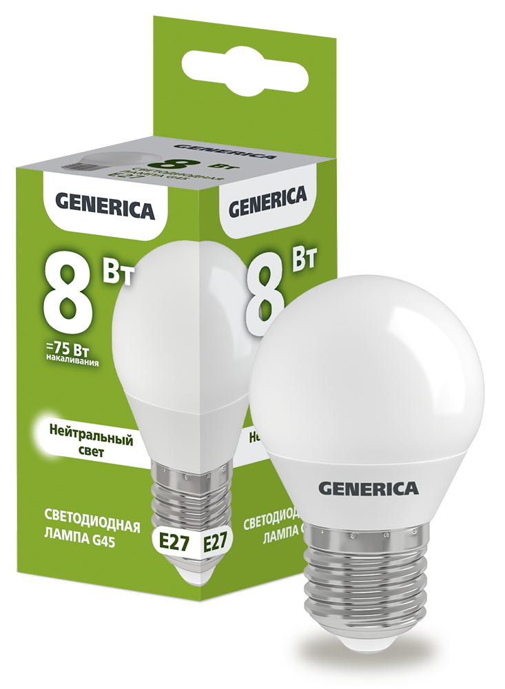 Лампа светодиодная G45 шар 8Вт 230В 4000К E27 GENERICA LL-G45-08-230-40-E27-G