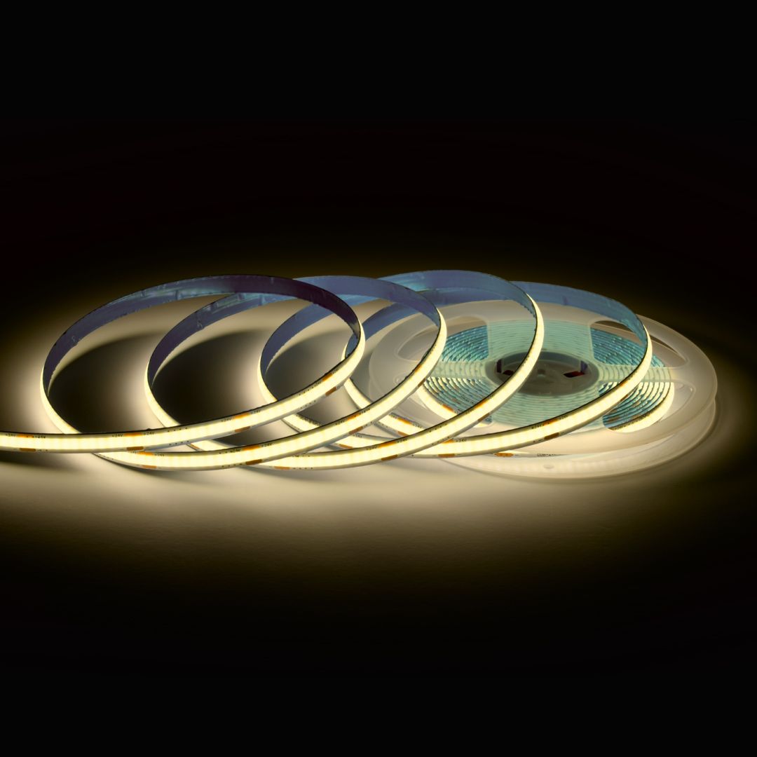 00-393 Светодиодная лента 24В, 10Вт/м, COB, 312д/м, IP20, 900лм/м, ширина подложки 8мм, 5м, CRI 90+, т/б, 3000К.