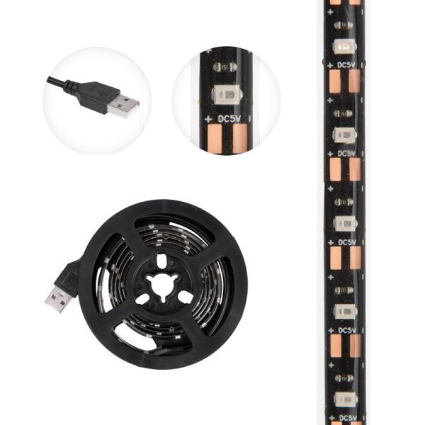 Лента светодиодная 5В, SMD2835, 4,8Вт/м, 60 LED/м, красный, 8мм, 1м, с USB коннектором, черная, IP65 LAMPER