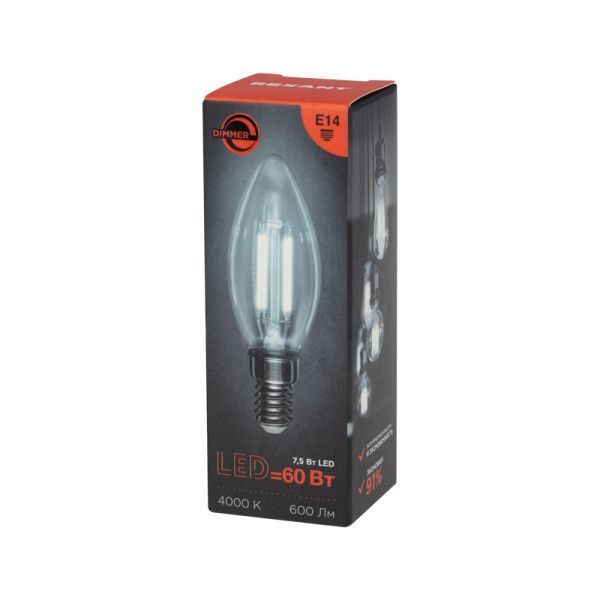 Лампа филаментная Свеча CN35 7,5Вт 600Лм 4000K E14 диммируемая, прозрачная колба REXANT - Фото 4