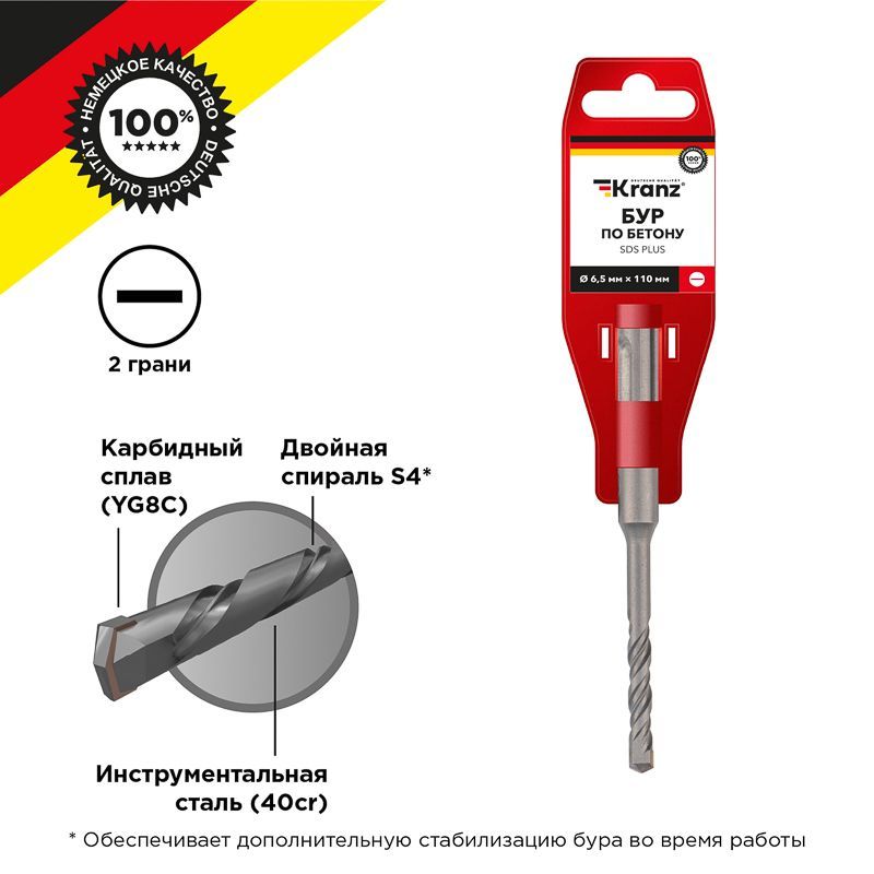 Бур по бетону 6,5x110x50мм, хвостовик SDS-plus KRANZ KR-91-0004