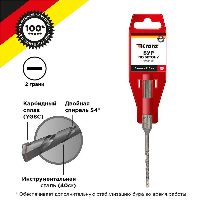 Бур по бетону 4x110x50мм, хвостовик SDS-plus KRANZ KR-91-0028
