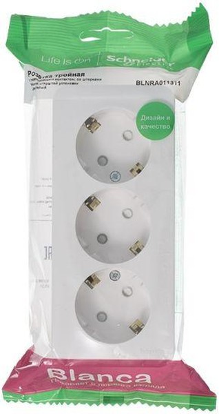 Розетка 3-м ОП Blanca 16А IP20 250В с заземл. защ. шторки с изолир. пластиной бел. SE BLNRA011311 - Фото 3