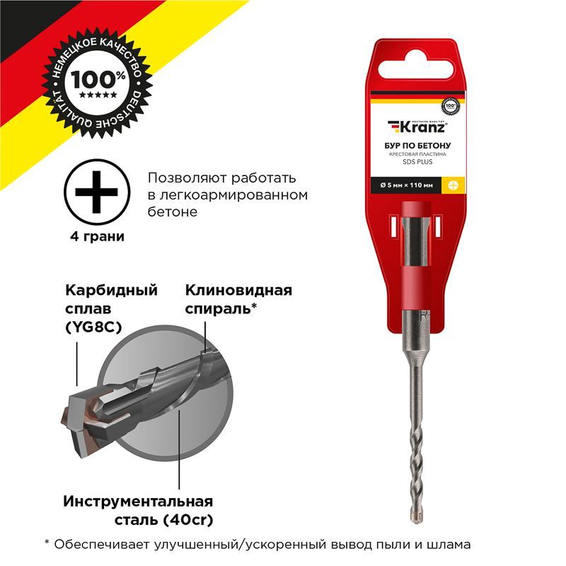 Бур по бетону 5x110x50мм, крестовая пластина, хвостовик SDS-plus KRANZ KR-91-0800