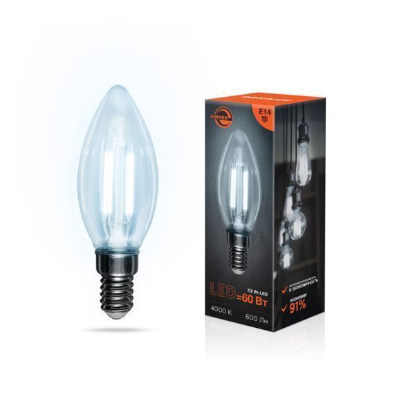 Лампа филаментная Свеча CN35 7,5Вт 600Лм 4000K E14 диммируемая, прозрачная колба REXANT