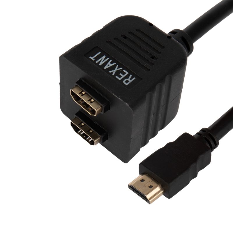 Переходник штекер HDMI - 2 гнезда HDMI с проводом, черный REXANT - Фото 3
