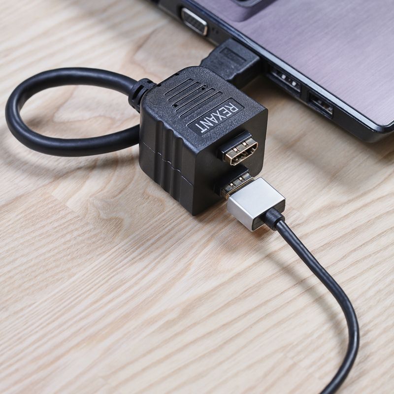 Переходник штекер HDMI - 2 гнезда HDMI с проводом, черный REXANT - Фото 4
