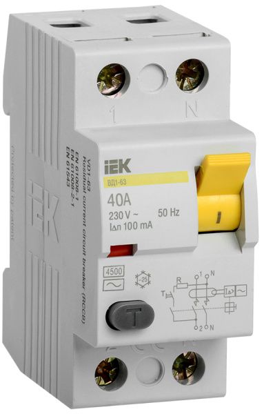 Выключатель дифференциальный (УЗО) ВД1-63 2Р 40А 100мА IEK MDV10-2-040-100