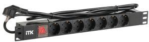 ITK PDU 7 розеток нем. стандарт, с LED выключателем,1U, шнур 2м вилка нем. стандарт, алюминиевый профиль PH12-7D1