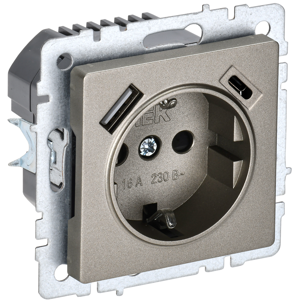 BRITE Розетка 1-местная с заземлением с защитными шторками 16А с USB A+C 18Вт РЮш11-1-БрШ шампань IEK BR-R14-16-U22-018-K37