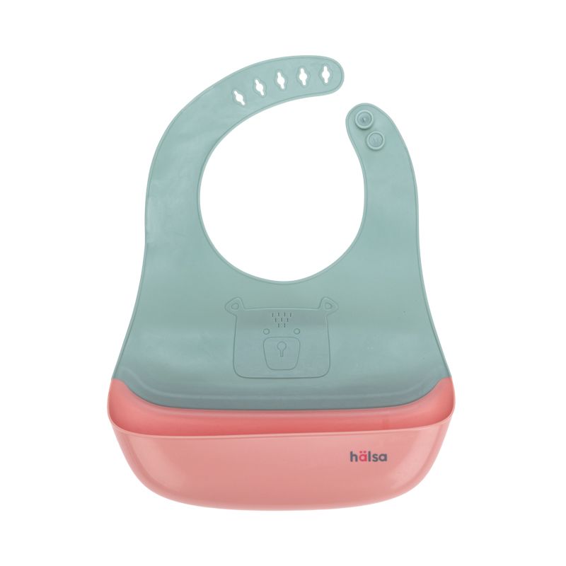 Фартук нагрудный для кормления с жестким карманом, зеленый с розовым HALSA HLS-BI-101