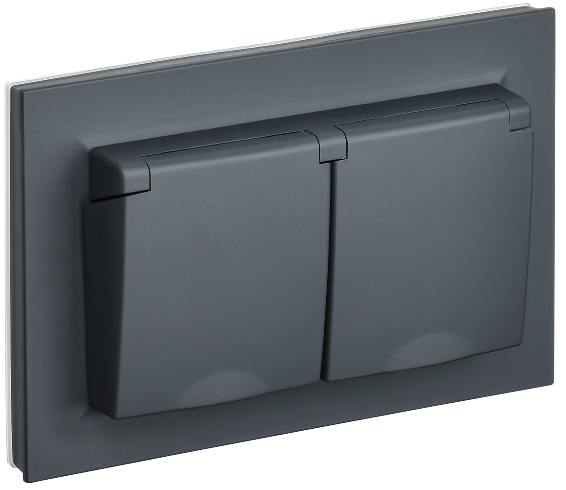 BRITE Розетка 2-местная с заземлением с защитными шторками и крышкой 16А в сборе IP44 РСбш12-3-44-БрГ графит IEK BR-R26-16-44-K53-F