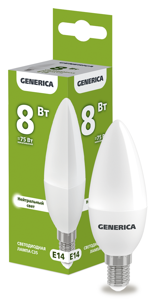 Лампа светодиодная C35 свеча 8Вт 230В 4000К E14 GENERICA