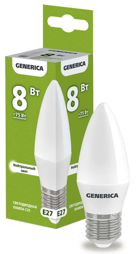 Лампа светодиодная C35 свеча 8Вт 230В 4000К E27 GENERICA LL-C35-08-230-40-E27-G