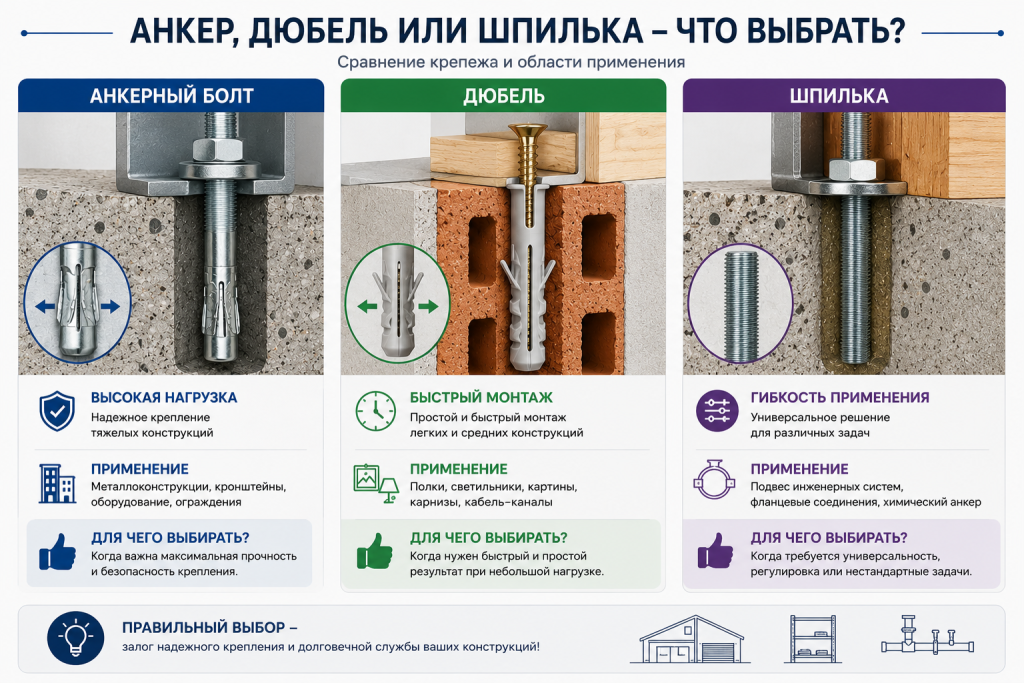Чем анкерный болт отличается от дюбеля и шпильки?