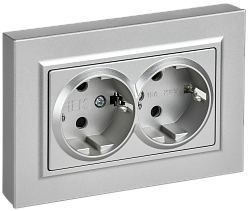 BRITE Розетка 2-местная с заземлением с защитными шторками плоская 16А в сборе РСшПл12-3-БрА алюминий IEK BR-R28-16-K47-F