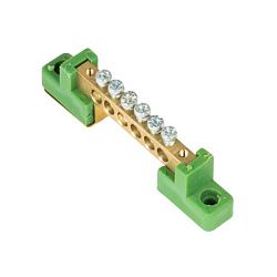 Шина "0" PE 6x9мм 6 отверстий латунь с контактной пластиной 2 зелёных угловых изолятора 