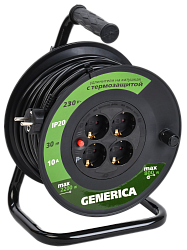 Катушка УК30 с термозащитой 4 места 2P+PE/30м 3х1,0мм2 GENERICA WKP10-10-04-30-G