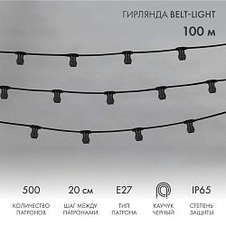 Гирлянда Belt-Light 2 жилы, 100м, шаг 20см, 500 патронов E27, IP65, черный провод NEON-NIGHT 331-211