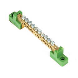 Шина "0" PE 6x9мм 10 отверстий латунь с контактной пластиной 2 зелёных угловых изолятора 