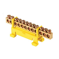 Шина "0" PE (6x9мм) 12 отв. латунь желтый изолятор тип "Стойка" на DIN-рейку EKF 