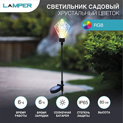 Светильник грунтовый Хрустальный цветок RGB, со встроенным аккумулятором и солнечной панелью LAMPER 602-1001