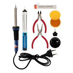 Набор для пайки №13 (паяльник 30Вт, подставка, канифоль, припой, бокорезы, тонкогубцы) REXANT 12-0166