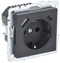 BRITE Розетка 1-местная с заземлением с защитными шторками 16А с USB A+C 18Вт РЮш11-1-БрГ графит IEK BR-R14-16-U22-018-K53