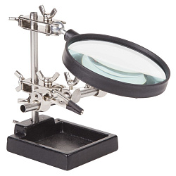 Держатель Третья рука, 2 зажима, лупа 90мм (3х), чугун REXANT 12-0254