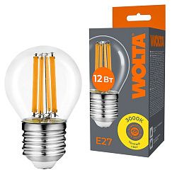 Светодиодная лампа WOLTA Filament, AC 220-240В, 50/60 Гц, прозрачное стекло, "Шар", G45, E27, 12 Вт, 1050 лм, 3000 К, 1/10/100 WF-G45-12W3KE27