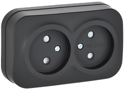 GLORY Розетка 2-местная для открытой установки без заземления с защитными шторками 10А РСш22-2-ХЧм черный матовый IEK ERH23-K02M-10