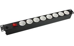 Блок розеток 19", 1U, 10А, 8 розеток, корпус сталь, без шнура питания 04-0308