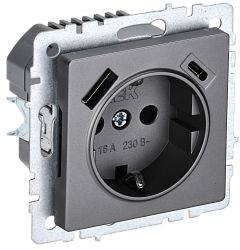 BRITE Розетка 1-местная с заземлением с защитными шторками 16А с USB A+C 18Вт РЮш11-1-БрС сталь IEK BR-R14-16-U22-018-K46