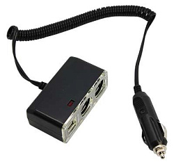 Разветвитель автоприкуривателя  2 гнезда 2хUSB (5 V 1000 mA) шнур спираль 1.5 м  REXANT 16-0225