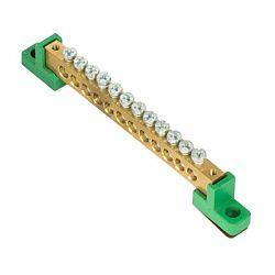 Шина "0" PE 8x12мм 12 отверстий латунь с контактной пластиной 2 зелёных угловых изолятора sn0-125-12-2-pe