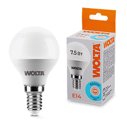 Лампа светодиодная "Шар G45" 7.5Вт 450лм 6500К Е14 (50шт/уп) WOLTA 25W45GL7.5E14