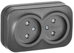 GLORY Розетка 2-местная для открытой установки без заземления с защитными шторками 10А РСш22-2-ХСм сталь матовый IEK ERH23-K46M-10