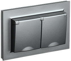 BRITE Розетка 2-местная с заземлением с защитными шторками и крышкой 16А в сборе IP44 РСбш12-3-44-БрС сталь IEK BR-R26-16-44-K46-F