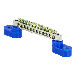 Шина "0" N (6x9мм) 12 отв. цинк 2 синих угловых изолятора EKF 