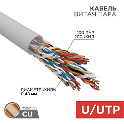 Кабель витая пара U/UTP, CAT 5, PVC, 100PR, 24AWG, INDOOR, SOLID, серый, 305м, REXANT 01-1015