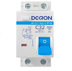 Автоматический выключатель дифференциального тока АД12 1P+N С32A АС30мА 4.5KA ad12-2-C32-30AC-dek
