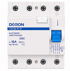 Устройства защитного отключения УЗО ВД-40 4P 16А/30мА тип АС 4,5кА DEKRON rcd40-4-16-30AC-dek