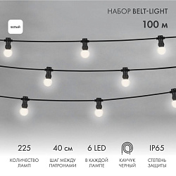 Набор ЕВРО Белт-Лайт 2 жилы, 100м, шаг 40см, 225 LED-ламп, БЕЛЫЙ, 45мм (6 LED), плоский провод каучук NEON-NIGHT 331-345