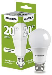 Лампа светодиодная A60 груша 20Вт 230В 4000К E27 GENERICA LL-A60-20-230-40-E27-G