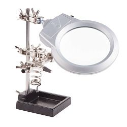 Держатель Третья рука, 2 зажима, лупа 85мм (2.5х), подставка паяльника, LED подсветка, чугун REXANT 12-0253